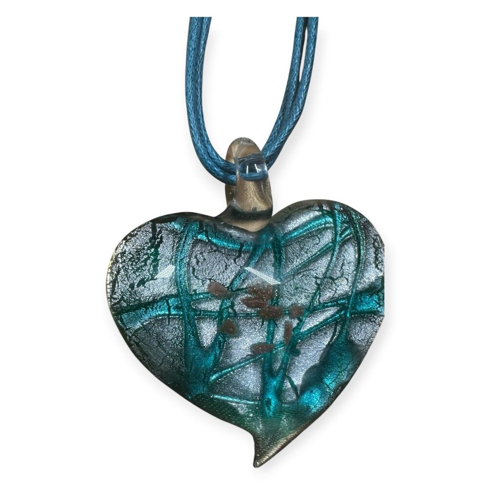 Aqua Blue Glass Heart Shaped Pendant Necklace w/ Matching Heart Shaped Earrings - Picture 3 of 6